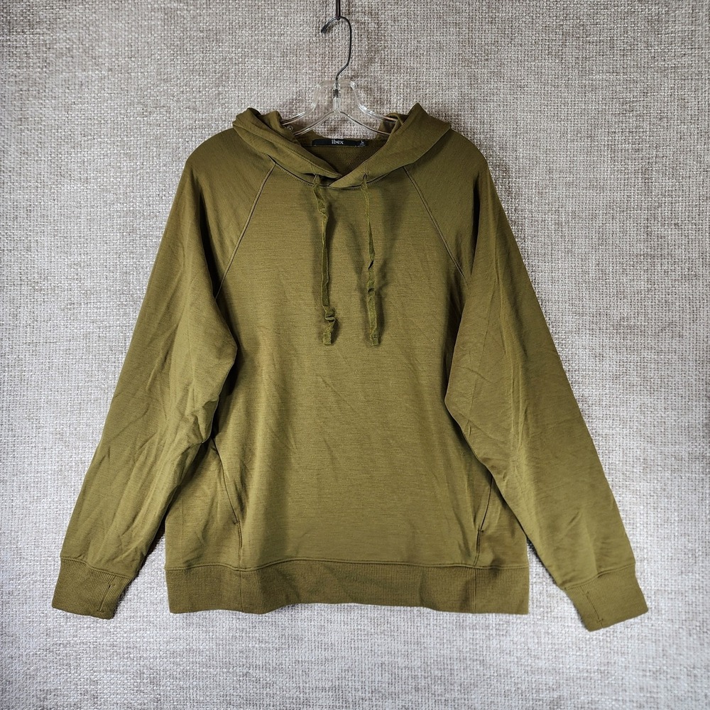 IBEX Pullover Hoodie Mens *M-L Green 95% Merino Wool Zip Pockets EUC
